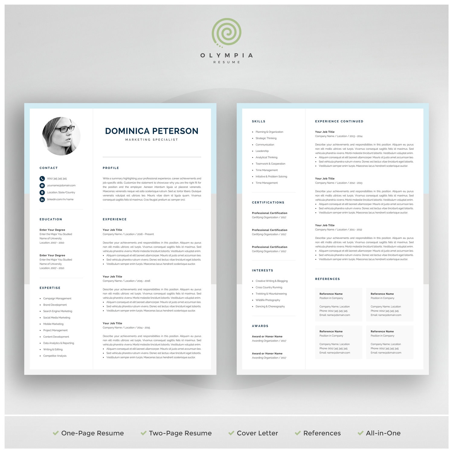 Modern Resume Template | Creative CV With Photo | 1, 2 Page Marketing ...