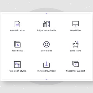 May include: A white graphic with nine icons and text describing features of a template. The icons include a document, pencil and ruler, computer monitor, folder, life preserver, star, list, download arrow, and chat bubble. The text includes "A4 & US Letter", "Fully Customizable", "Word Files", "Free Fonts", "User Guide", "Extra Icons", "Paragraph Styles", "Instant Download", and "Customer Support".