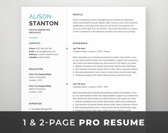 Professional 1, 2 Page Resume Template with Cover Letter and References. Modern CV for Word & Pages. Minimalist Design. Alison