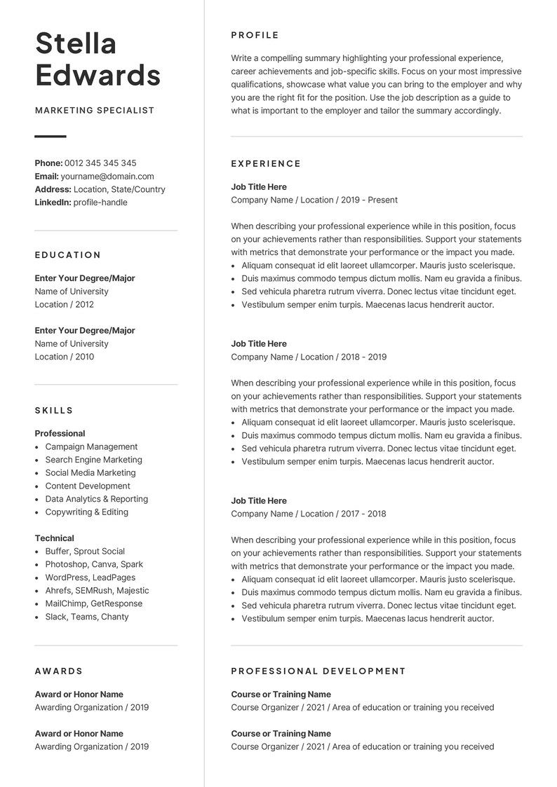 May include: A professional resume template with the name "Stella Edwards" at the top. The resume includes sections for profile, experience, education, skills, and awards. The skills section lists campaign management, search engine marketing, and social media marketing.