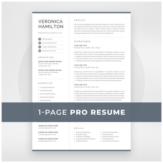 Professional Resume Template | Compact 1 Page Resume Template | Modern One Page CV for Word & Mac Pages | Instant Download | Veronica