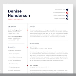 Peut inclure: Un modèle de CV en bleu et blanc, conçu pour un spécialiste du marketing. Il comprend des sections pour l'éducation, l'expertise, l'expérience et le profil, ainsi que les coordonnées du candidat.