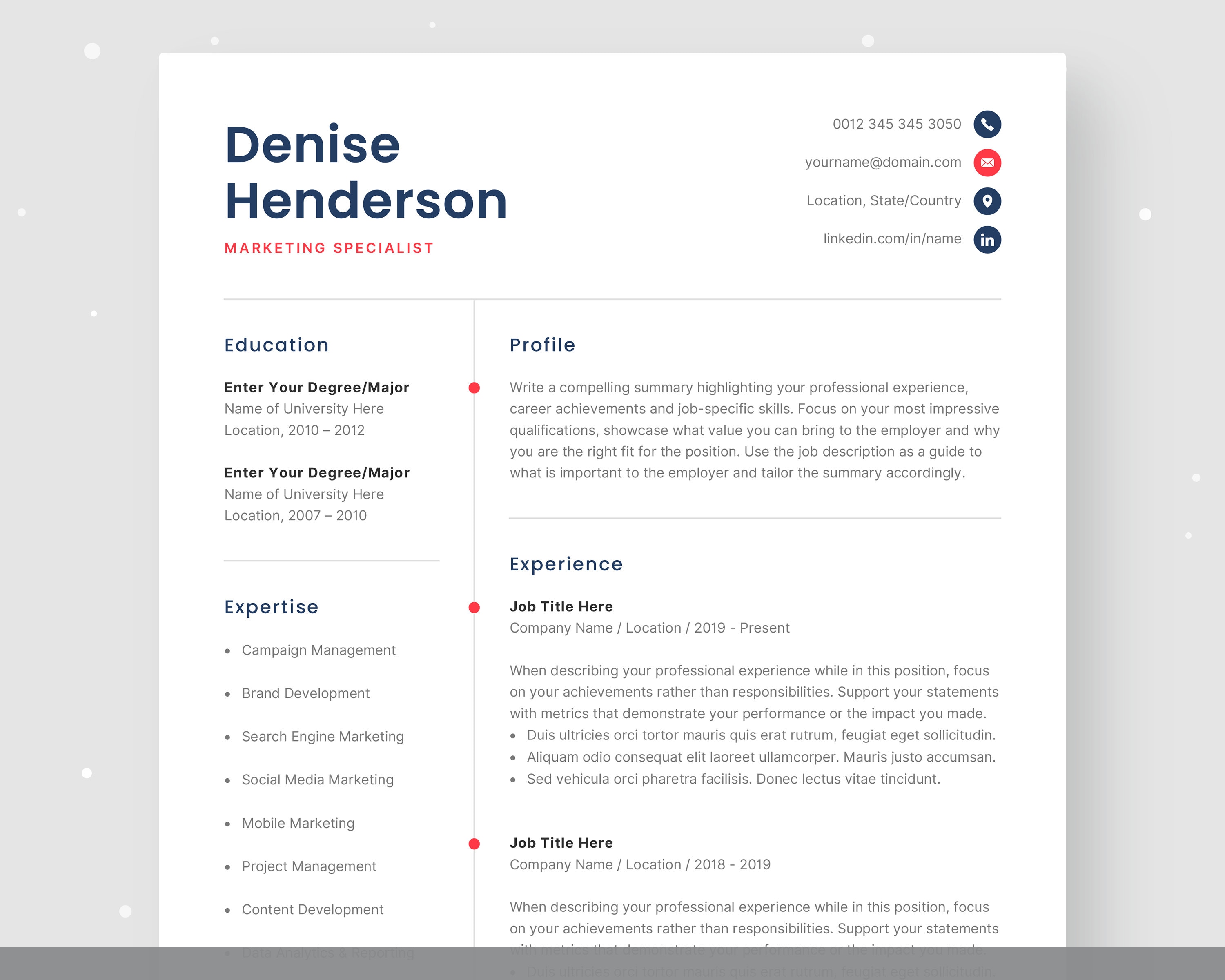 Professional Resume Template for Word & Pages. Minimalist CV Design. 1 ...