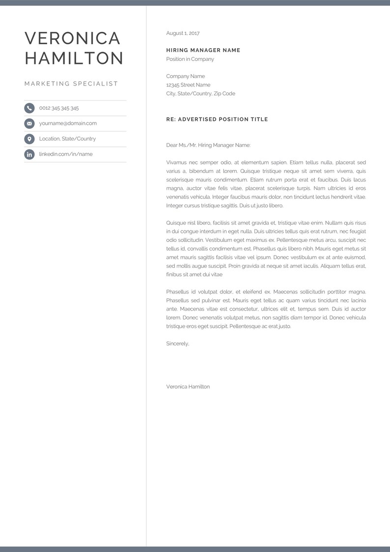 Professional Resume Template, Compact 1 Page Resume Template, Modern One Page CV for Word & Mac Pages, Instant Download, Veronica