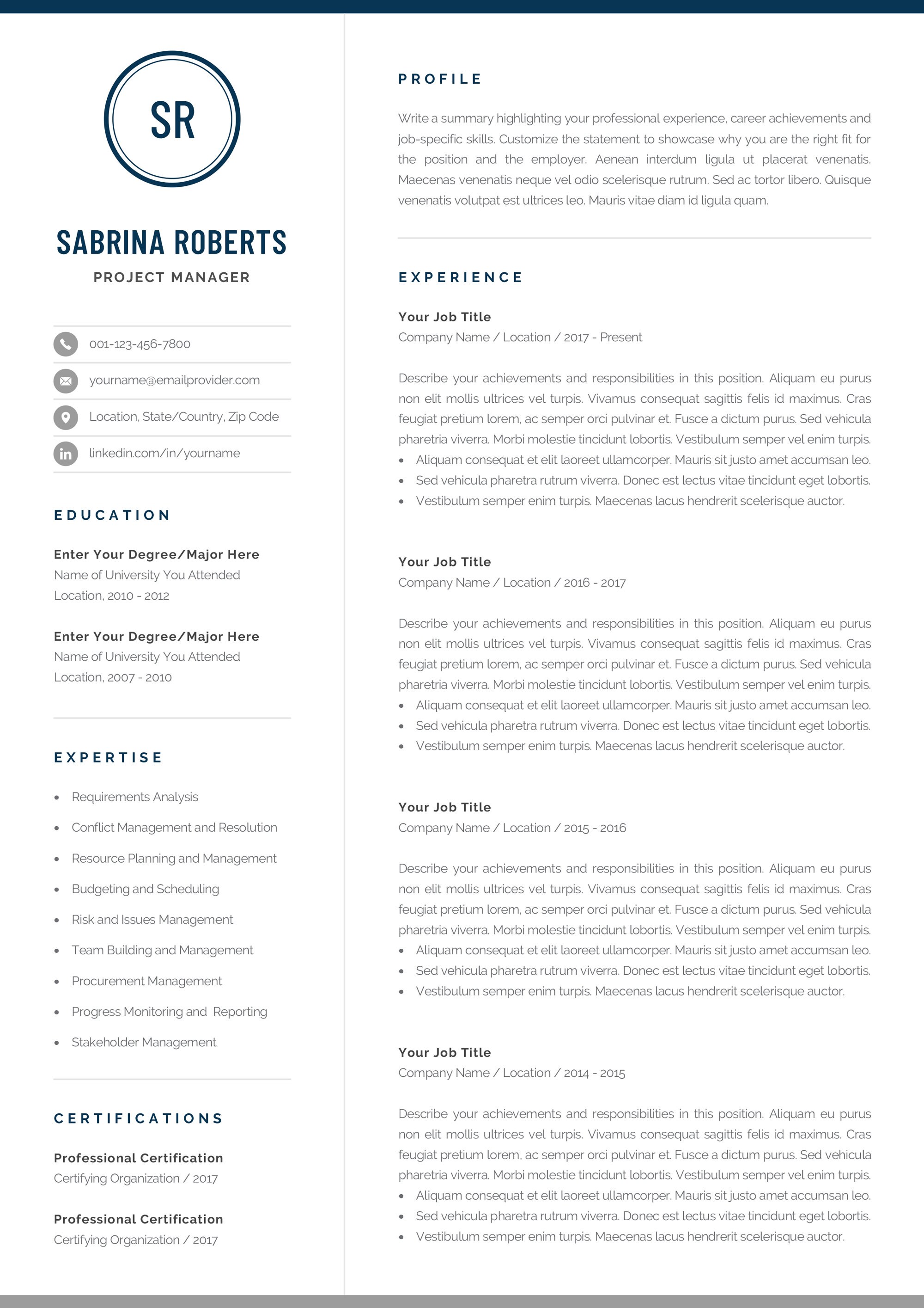 Professional 1 Page Resume Template Modern One Page CV Etsy Canada