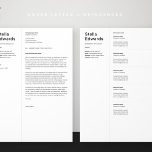 May include: Two-page resume template with the name "Stella Edwards" and the title "Marketing Specialist" in a modern, minimalist design. The cover letter includes sections for contact information, date, and a reference list.