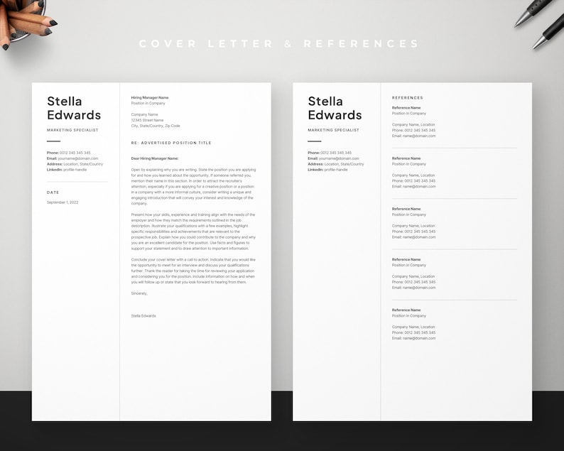 May include: Two-page resume template with the name "Stella Edwards" and the title "Marketing Specialist" in a modern, minimalist design. The cover letter includes sections for contact information, date, and a reference list.