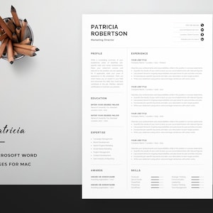 May include: A one-page resume template featuring the name Patricia Robertson at the top. The resume includes sections for profile, experience, education, expertise, awards, and skills. The template is designed for use with Microsoft Word or Pages for Mac.