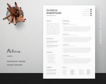 Professional 1 Page Resume Template | Modern One Page CV | Word & Mac Pages | Minimalist Design | Developer, Designer, Marketing | Patricia