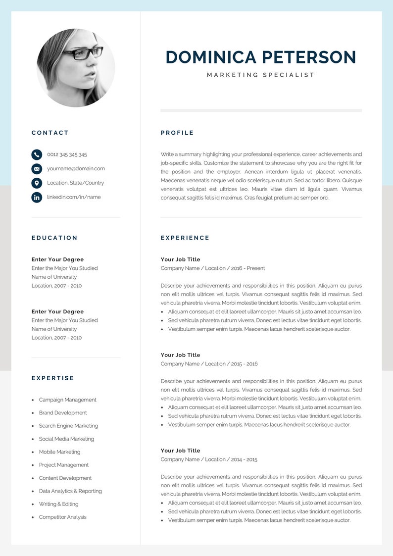 Modern Resume Template, Creative CV with Photo, 1 & 2 Page Marketing CV, Photo Resume for Word, Mac or PC, Instant Download, Dominica