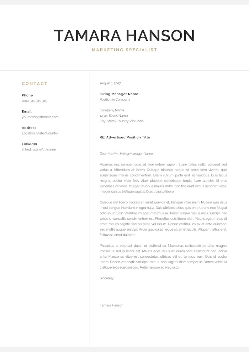 Professional Resume Template for Word & Pages, Modern Marketing Resume, Mac or PC, Creative CV, Cover Letter, Instant Download, Tamara