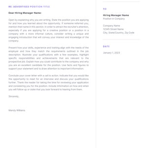May include: A cover letter for a graphic designer job application. The letter is addressed to a hiring manager and includes the applicant's name, contact information, and the date. The letter outlines the applicant's qualifications and experience, and expresses interest in the position.