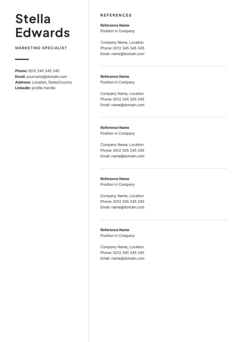 May include: A professional resume template with the name "Stella Edwards" and the title "Marketing Specialist" at the top. Contact information includes phone number, email, address, and LinkedIn profile. The right side lists references with contact details.