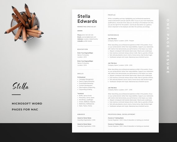 Professional 1 Page Resume Template, Modern One Page CV, Word & Mac Pages, Compact Minimalist Design, Developer, Designer, Marketing, Stella