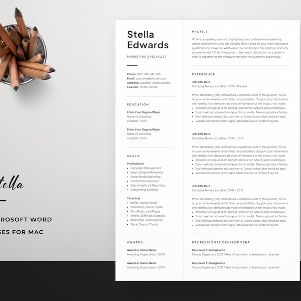 Modello di curriculum professionale di 1 pagina, CV moderno di una pagina, pagine Word e Mac, design minimalista compatto, sviluppatore, designer, marketing, Stella