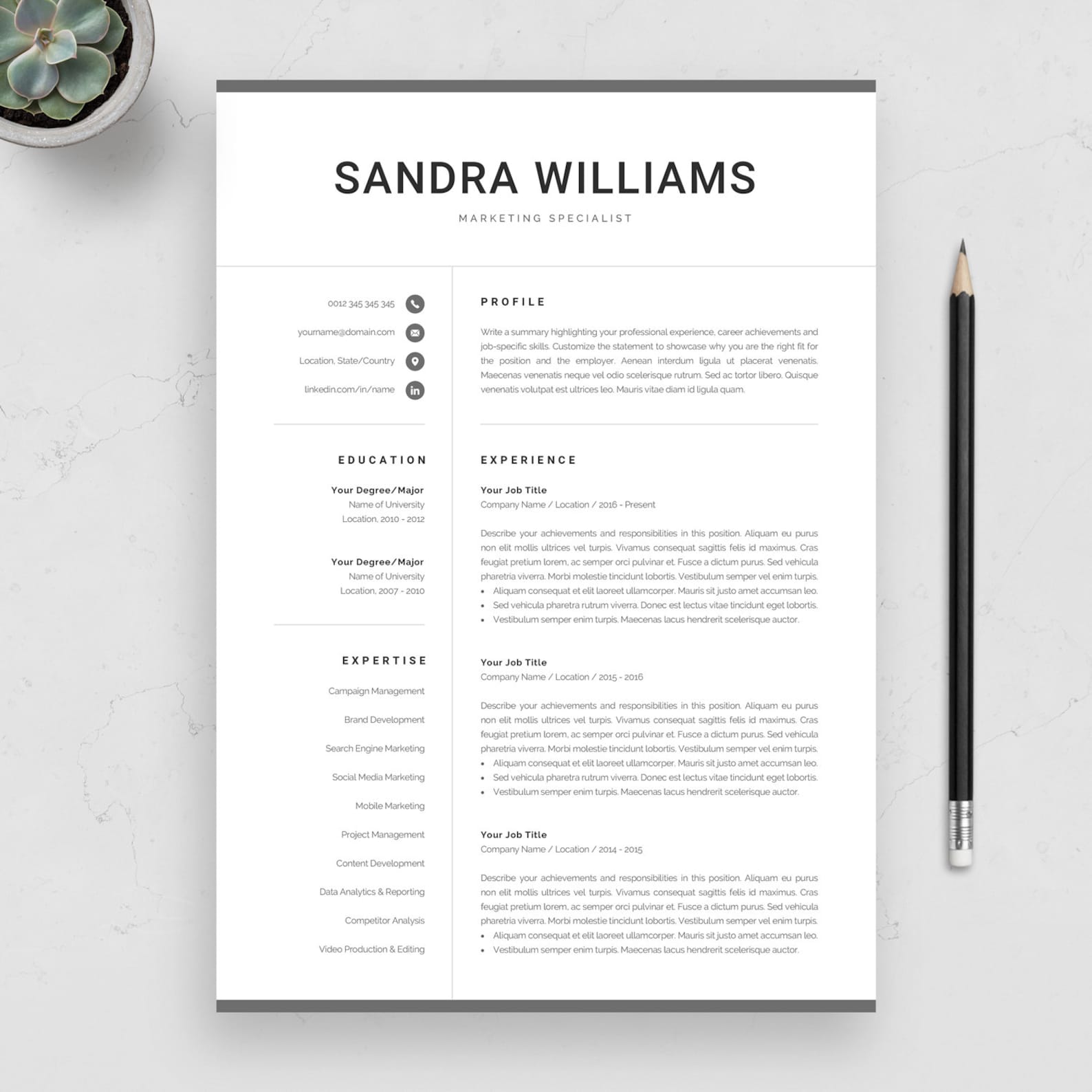 Professional Resume Template for Word, Modern CV Design, Simple 1 & 2 ...
