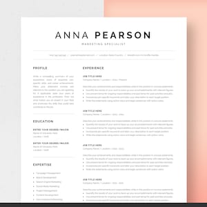 May include: A black and white resume template with the name Anna Pearson at the top. The resume includes sections for profile, experience, education, and expertise.