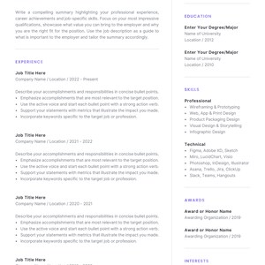 May include: A resume for Mandy Williams, a graphic designer, highlighting her professional experience, skills, education, awards, and interests. The resume includes a summary, work experience, skills, education, awards, and interests.