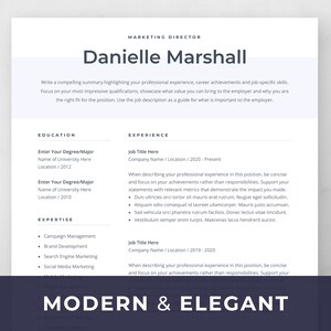 May include: A modern and elegant resume template with a black and white colour scheme. The template features a section for education, experience, and expertise. The text "MODERN & ELEGANT" is displayed at the bottom of the page.