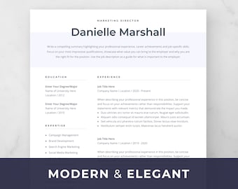 Plantilla de currículum elegante para Word. Currículum de 1 o 2 páginas con carta de presentación y referencias. Diseño de CV moderno. Danielle