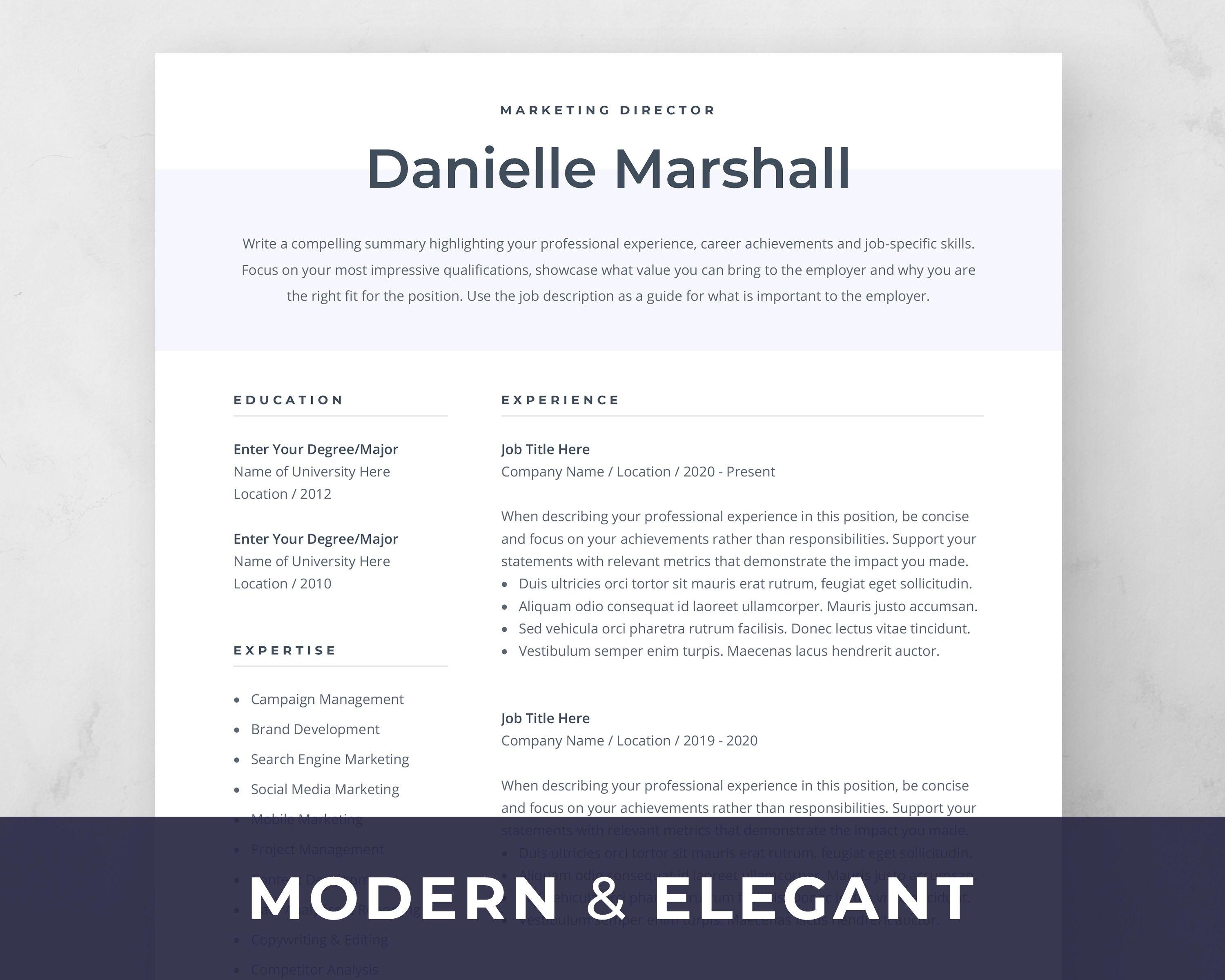 Elegant Resume Template for Word. 1 & 2 Page Resume With Cover Letter ...