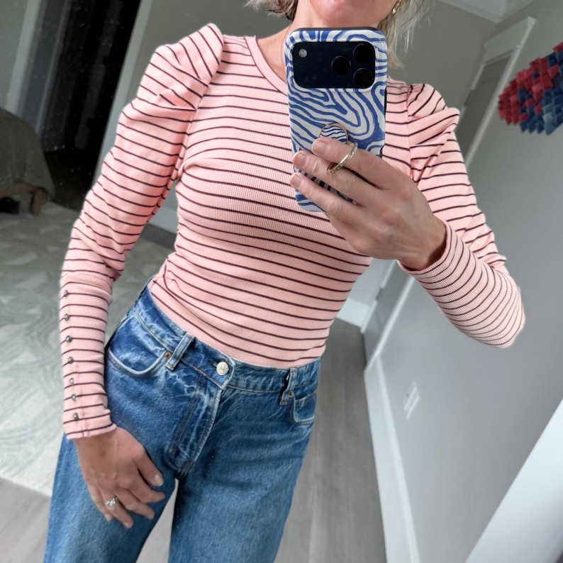 Maeve Pink | Black Striped Puff Sleeve Long Sleeve Top Size S image 1