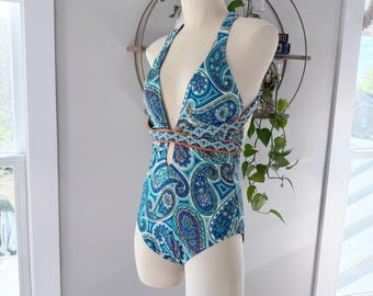 Trina Turk One-Piece Paisley Print Swimsuit | Halter Neck Tie Back Size 10