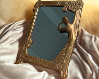 Vintage Art Nouveau Style Brass Vanity Mirror | Woman Figure