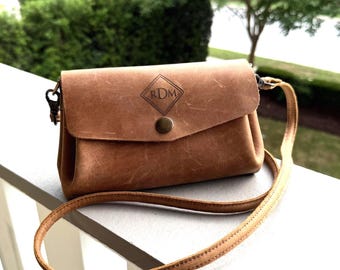 Minimalistic Envelope Brown Leather Crossbody Bag RDM Initials