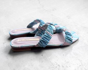 Deltan Blue and Pink Ruched Strap Sandals Size 8