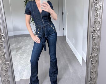 Ramy Brook Dark Blue Denim Jumpsuit | Flared Leg Extra Long Size 26