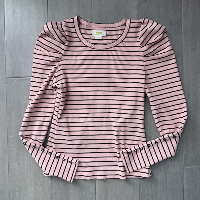 Maeve Pink | Black Striped Puff Sleeve Long Sleeve Top Size S image 3