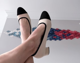 Vivaia Beige | Black Two-Tone Round Toe Block Heel Pumps Size 42