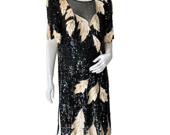 Vintage Sequin Black Leaf Motif Trophy Cocktail Party Designer Dress Size L