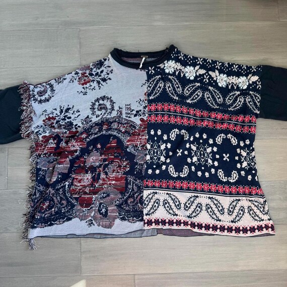 Free People Patchwork Pattern Paisley Poncho Swea… - image 8