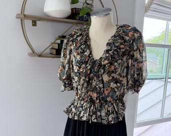 ULLA JOHNSON Ruby Floral Ruffle Puff Sleeve Silk ~ Metallic Top Size 2