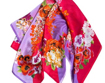 Adrienne Vittadini Yellow & Red Patterned Silk Scarf & Hat Vtgpurple Adrienne Vittadini Scarf Yellow Red Wine Floral 15  main image 3