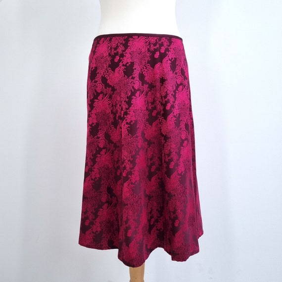 Vintage Monsoon Skirt Jacquard Satin Oriental Burgundy Pink A Line Knee 12 14