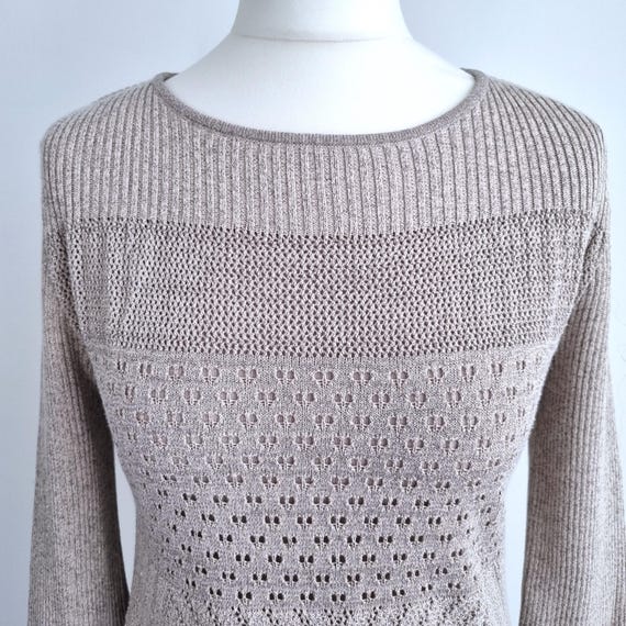 Vintage Ghost Dress Knitted Jumper Gold Beige Long Sleeve Mini 