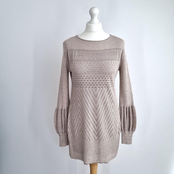 Vintage Ghost Dress Knitted Jumper Gold Beige Long Sleeve Mini 