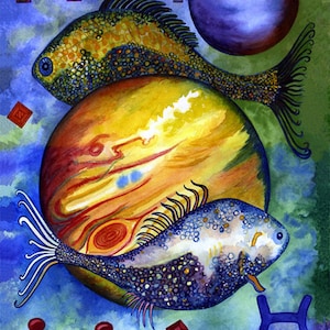 Segno zodiacale Pesci - Stampe Giclée di qualità e biglietti di compleanno personalizzati da un dipinto ad acquerello originale di Karin Hocher