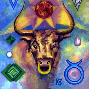 Signo do Zodíaco Touro - Impressões Giclée de qualidade e cartões de aniversário personalizados de uma pintura em aquarela original de Karin Hocher