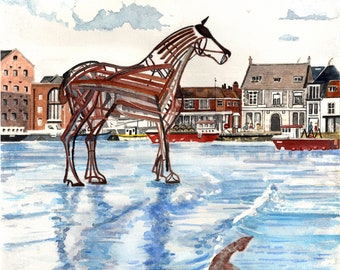 The Lifeboat Horse at Wells next Sea , Norfolk - Quality Prints and Personalised Cards of an Original Watercolour painting by Karin Hocher