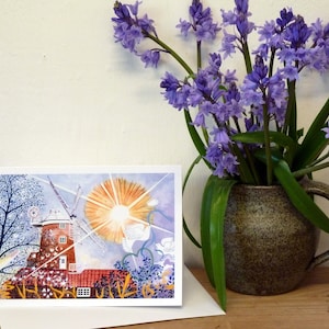Cley Wedding Windmill, Norfolk - Tarjeta de felicitación personalizada de calidad de una acuarela original de Karin Hocher