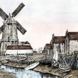 The Old Mill at Cley-next-the Sea Norfolk - Kwaliteits Giclée Prints en gepersonaliseerde kaarten van een origineel aquarelschilderij van Karin Hocher