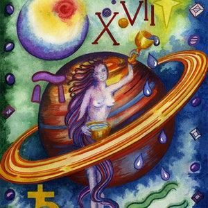 Signe astrologique du zodiaque Verseau - Impressions giclées de qualité et cartes d'anniversaire personnalisées à partir d'une peinture à l'aquarelle originale par Karin Hocher