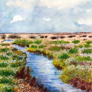 The Old Channel - Cley-next-the Sea - Norfolk - Stampe Glicee di qualità e carte personalizzate di acquerello originale di Karin Hocher