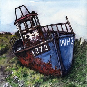 O velho barco em Blakeney Marsh - Norfolk - Impressões giclée de qualidade e cartões personalizados de uma aquarela original de Karin Hocher
