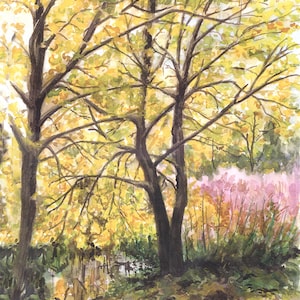 Arbres jaunes à Glandford - Norfolk - Impressions Giclee de qualité et cartes personnalisées d’une aquarelle originale de Karin Hocher