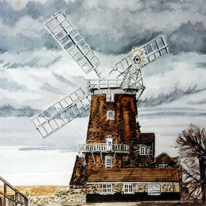 Cley Stormy Windmill - Norfolk - Hochwertige Giclée-Drucke und personalisierte Karten eines Original-Aquarells von Karin Hocher